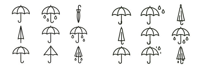 Set of web icons featuring line style umbrellas for various weather applications