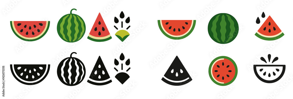 Poster Set of web icons featuring watermelon and related graphics in various styles for digital use