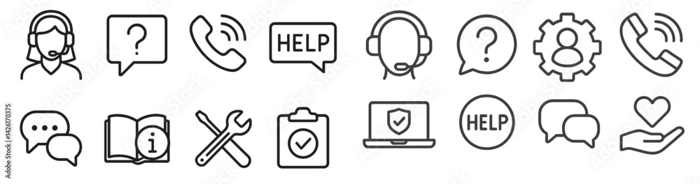 Poster Collection of line style web icons representing customer support, communication, and assistance functions