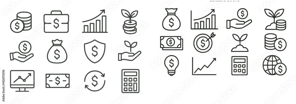 Aufkleber web icons showcasing finance, growth, and investment concepts in a minimal line style