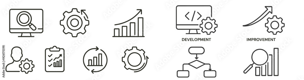 Poster Set of web icons in line style representing development, improvement, and analytics concepts for digital projects