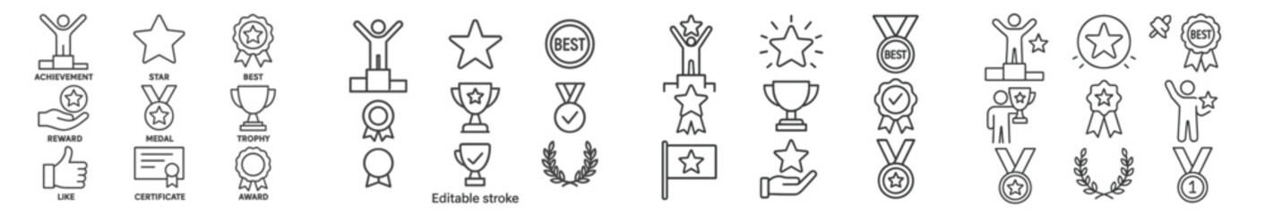 Collection of web icons in line style depicting awards, trophies, and accolades for achievement recognition