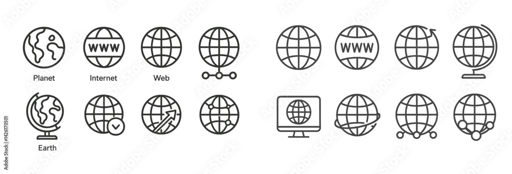 Aufkleber collection of web icons showcasing global connectivity and online presence in a clean, line art styl