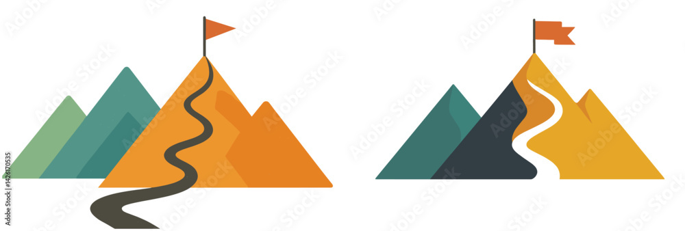 Aufkleber collection of line style web icons featuring mountains, paths, and flags for digital applications