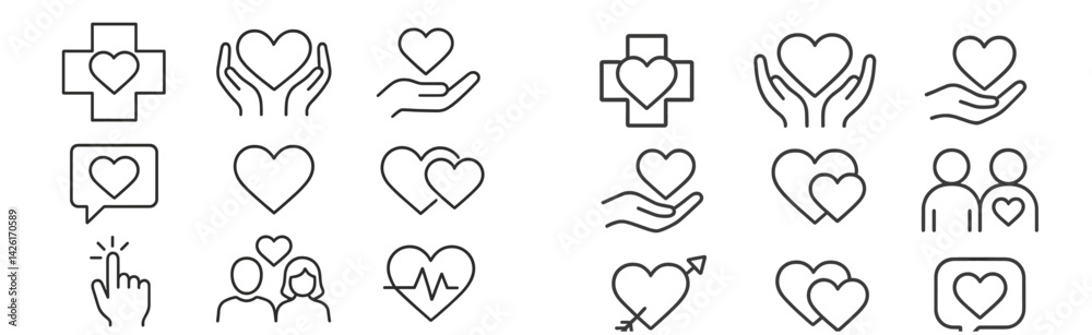 Poster collection of web icons featuring line style heart symbols and medical representations for digital d