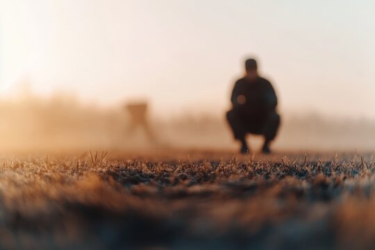 A soldier in camouflage is crouching low in a smoky training field as dawn breaks, creating a tense atmosphere with an obstacle course blurred in the background