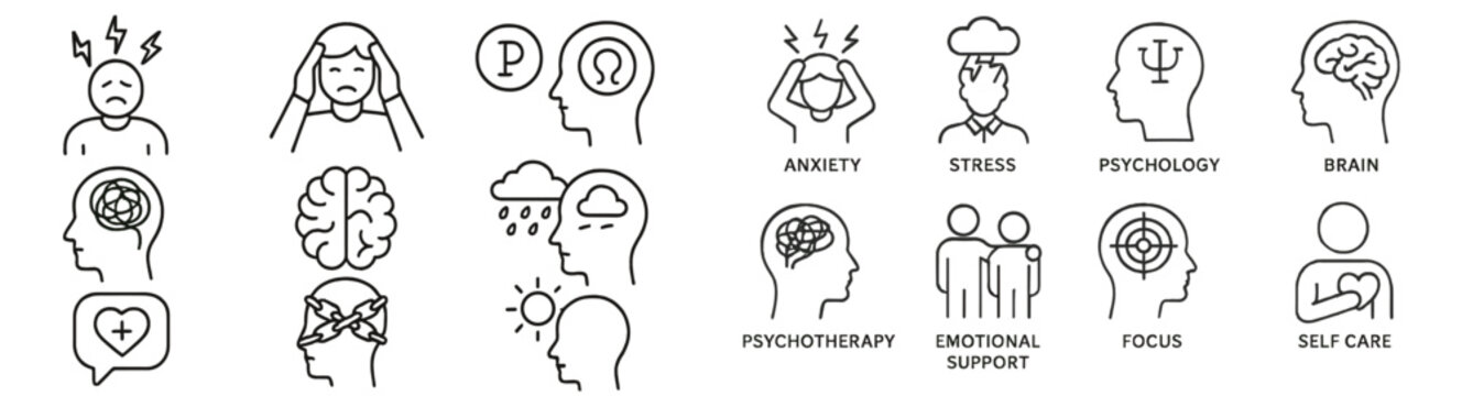 Collection of web icons representing mental health concepts including therapy, anxiety, and self care in a simple line style design