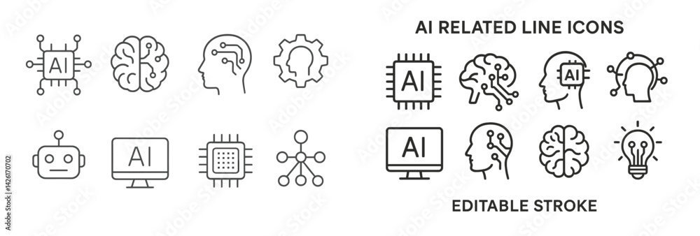 Aufkleber Collection of line style web icons representing artificial intelligence concepts and related elements