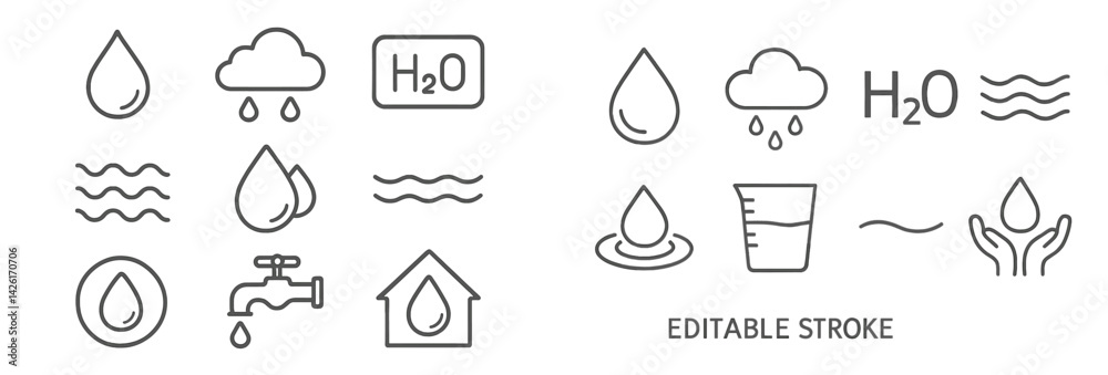 Poster collection of line style web icons representing water, rain, and liquid-related concepts for digital