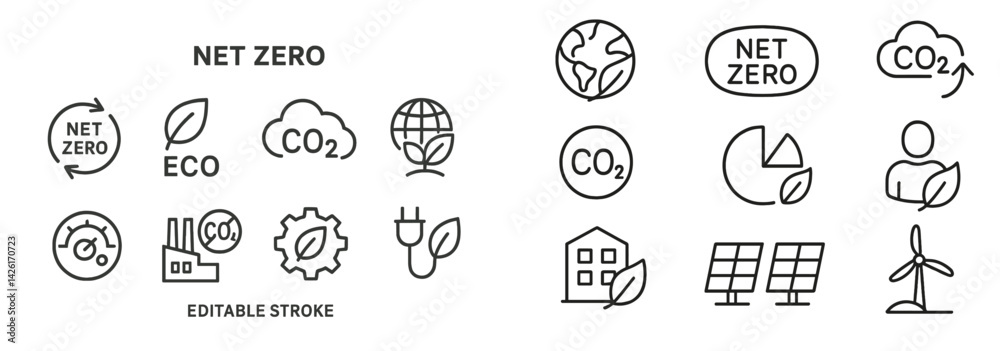Poster collection of web icons showcasing net zero concepts and eco-friendly symbols in line style suitable