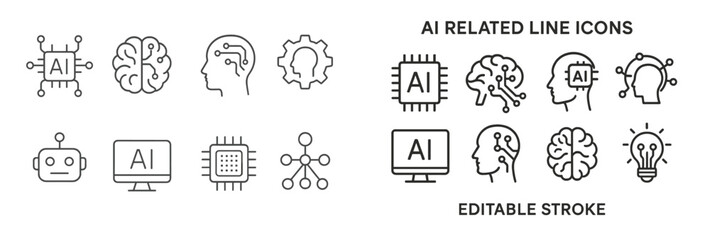 Collection of line style web icons representing artificial intelligence concepts and related elements