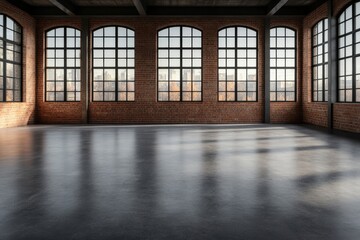 Fototapeta premium Wide shot of a bright industrial loft featuring polished concrete floors and exposed brick walls, creating a modern and open atmosphere perfect for creativity