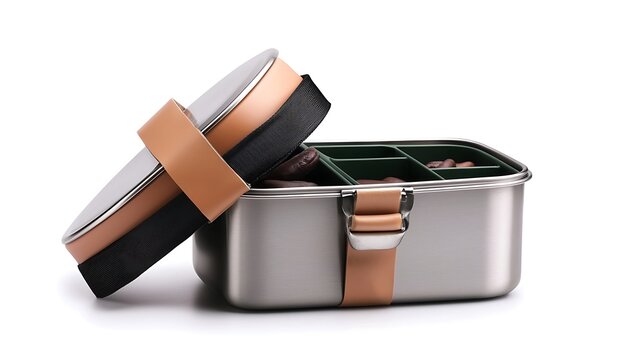 Steel container with lid holds dark treats in green compartments, secured by straps