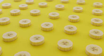 Repetitive Pattern Of Sliced Banana Parts Placed On Yellow Background Surface