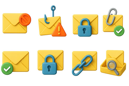 Email security icon set – 3d style cyber safety symbols for secure communication and online protection: envelope with lock, phishing hook, blocked email, secure link
