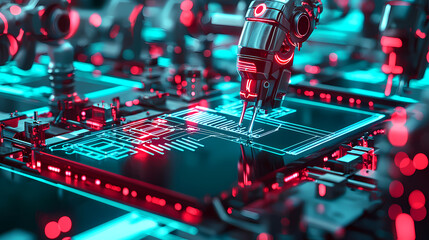 A futuristic scene depicting robotic arms working on a circuit board with vibrant red and blue lighting, showcasing advanced technology in action.