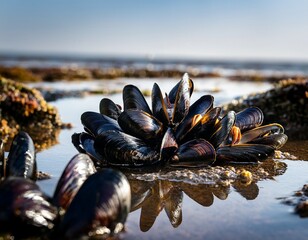close up of large black mussel shells visible at low tide in the sea