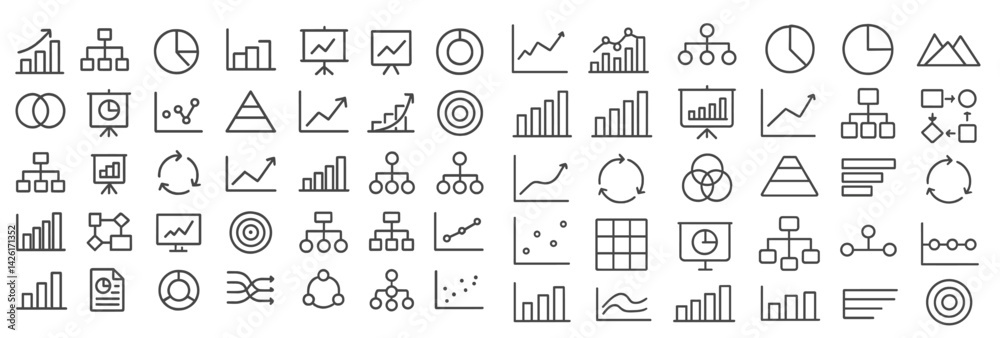Poster Web icons collection featuring line style designs for data visualization, analysis, and business concepts