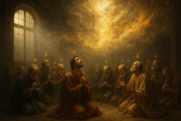 Pentecost: Jesus's disciples gathered together praying on the floor of an upper room