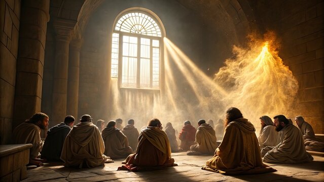 Pentecost: Jesus's disciples gathered together praying on the floor of an upper room