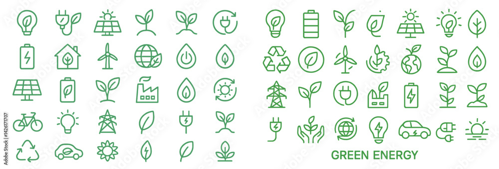 Poster set of web icons featuring line style designs focused on sustainability and green energy concepts