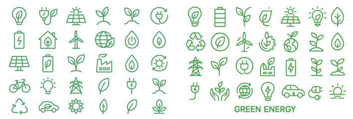 Set of web icons featuring line style designs focused on sustainability and green energy concepts