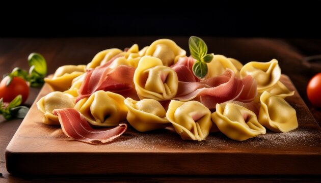 freshly made tortellini cappelletti pasta with prosciutto elegantly arranged on a rustic wooden board with copy space