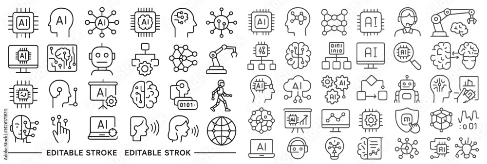 Aufkleber Set of web icons featuring line style designs focused on artificial intelligence and technology concepts