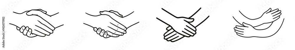 Poster collection of web icons featuring line style handshakes representing partnership and agreement