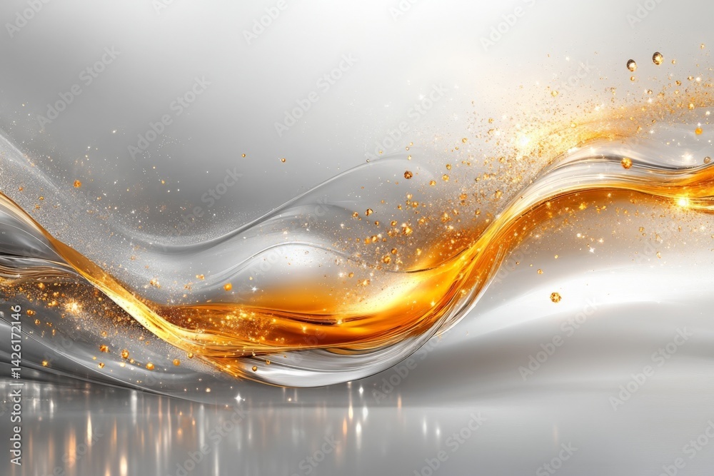 Poster abstract wave design with golden and silver elements showcasing elegance and fluidity in modern art