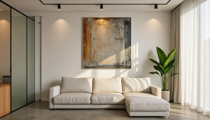 Modern interior design architecture photography: A modern living room showcases a neutral color palette with a large abstract painting, a comfortable sectional sofa, flowing curtains, and a potted p
