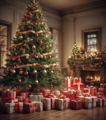 A majestic Christmas tree, surrounded by a bounty of beautifully wrapped gifts ,  decorations,  colorful,  merry