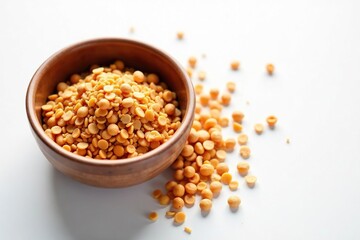 Empty bowl with scattered grains on white backdrop , soul, discipline, wellness