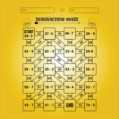 Subtraction maze puzzle worksheet for children
