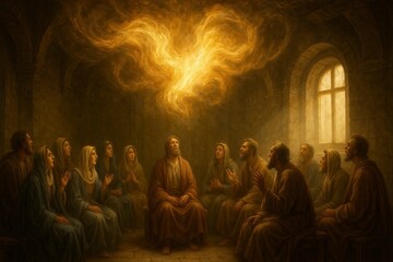 Pentecost: Jesus's disciples gathered together praying on the floor of an upper room