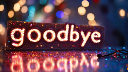 A vibrant neon 'goodbye' sign with colorful lights and sparkle.
