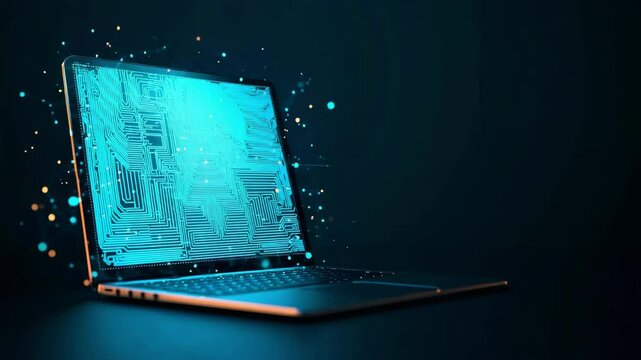 Futuristic Laptop with Digital Circuit Pattern on Screen Display