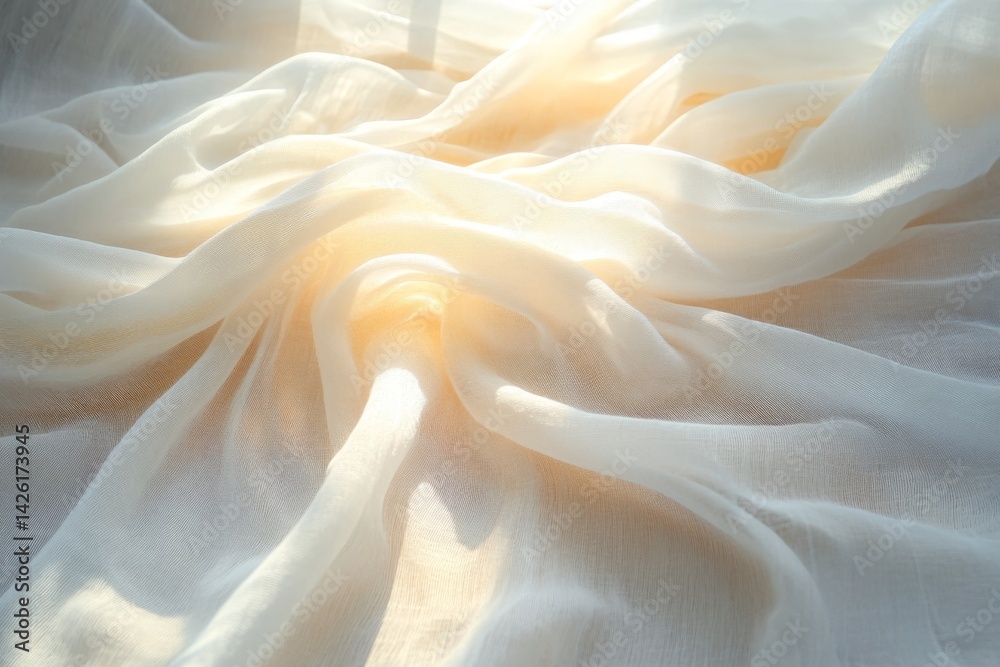 Aufkleber soft white fabric flows gently under warm natural light in a serene indoor setting, creating a calmi