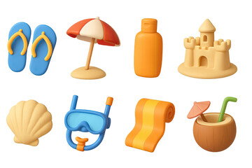 Beach vacation icon set – 3d summer and holiday symbols: flip flops, beach umbrella, sunscreen, sand castle, seashell, snorkel, towel, coconut drink