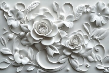 Exquisite white floral relief artwork showcasing intricate petals and textures in a harmonious composition
