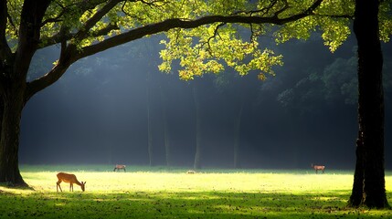 Sun shines on deer grazing in a field under trees. Peaceful nature scene