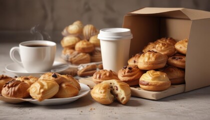 Close-up of a coffee cup and a box overflowing with tempting pastries , smell, aroma,  tempting