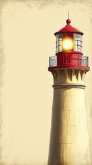 Tall lighthouse with bright light at top and railing, standing against plain beige background, detailed coastal navigational aid with classic design and sturdy structure