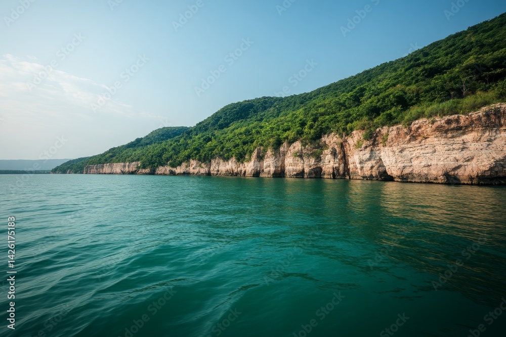 Poster steep rocky cliffs adorned with lush greenery rise majestically from turquoise waters, creating a se