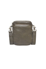 Front view of a khaki leather crossbody bag with adjustable shoulder strap . Cut out isolated on white background