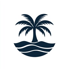 Fototapeta premium Silhouetted palm tree on island, ocean waves, graphic design, illustration, vacation, logo, poster, print