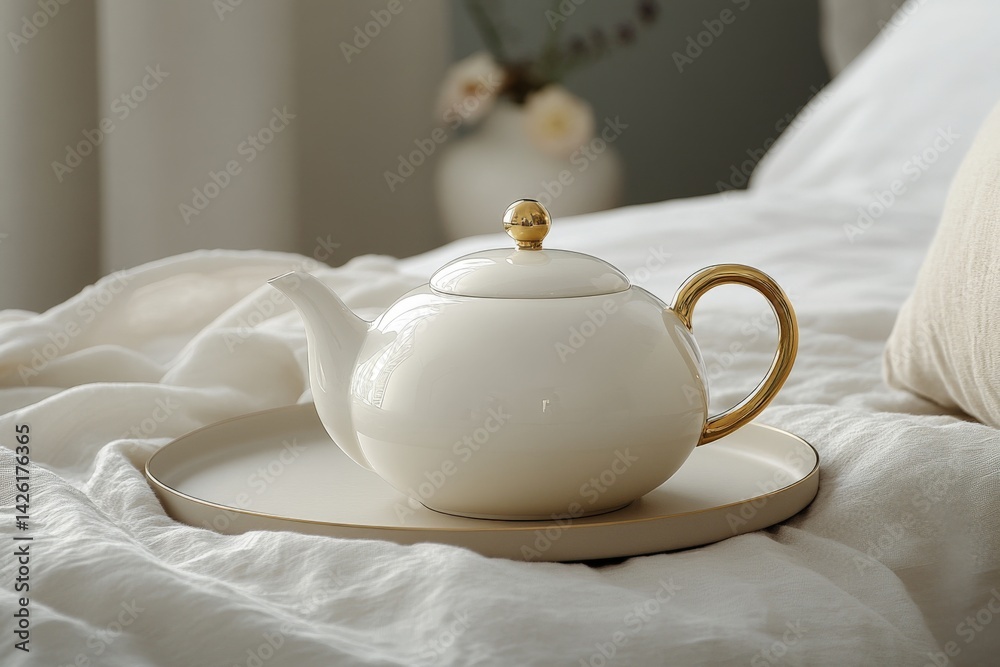 Poster Elegant white teapot rests on a tray in a serene bedroom setting with soft linens and gentle decor