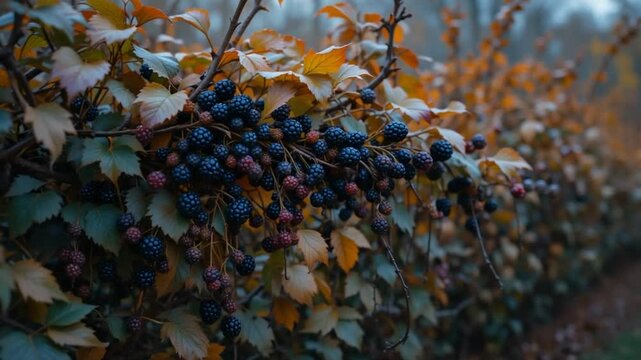 Autumnal blackberries on a bramble bush, colorful leaves in background, natural scene