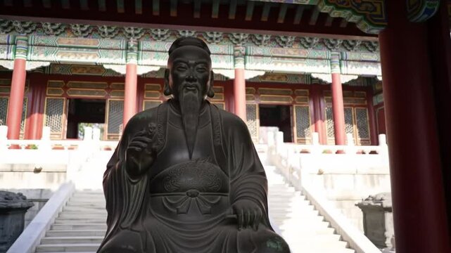 Chinese Philosopher Confucius Statue in Buddhist Temple &ndash; Symbol of Confucianism, Philosophy, and Chinese Spiritual Heritage

