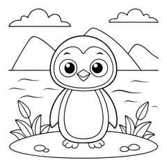 Charming Penguin Illustration Black and White Arctic Scene for Coloring